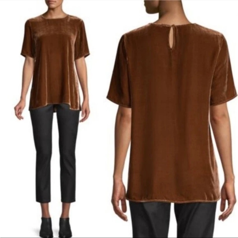Eileen Fisher Velvet Silk NUTMEG Round Neck Velvet Box Top Small Petite NWT